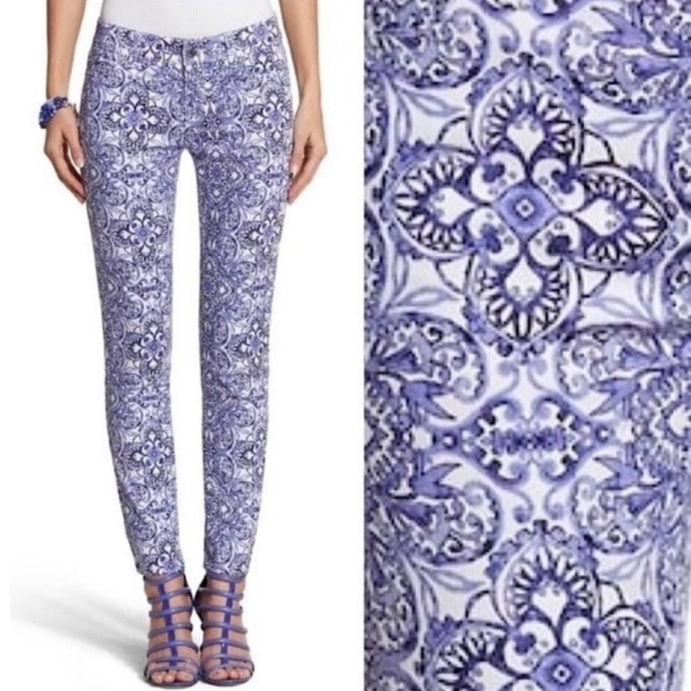 Blue & White Rare Damask Ankle Skinny Jeans Printed Denim - Picture 13 of 14